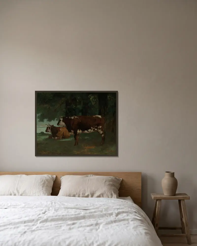 Deux vaches a la robe marron av Gustave Courbet inramad på en vägg