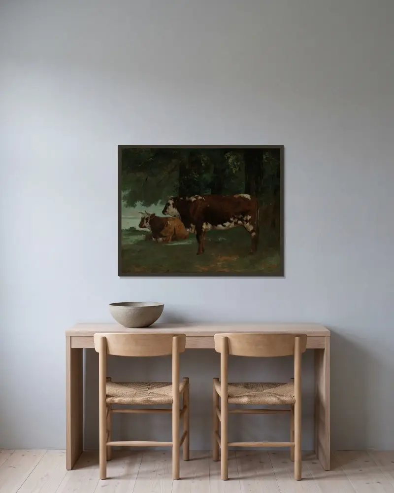 Deux vaches a la robe marron av Gustave Courbet inramad på en vägg