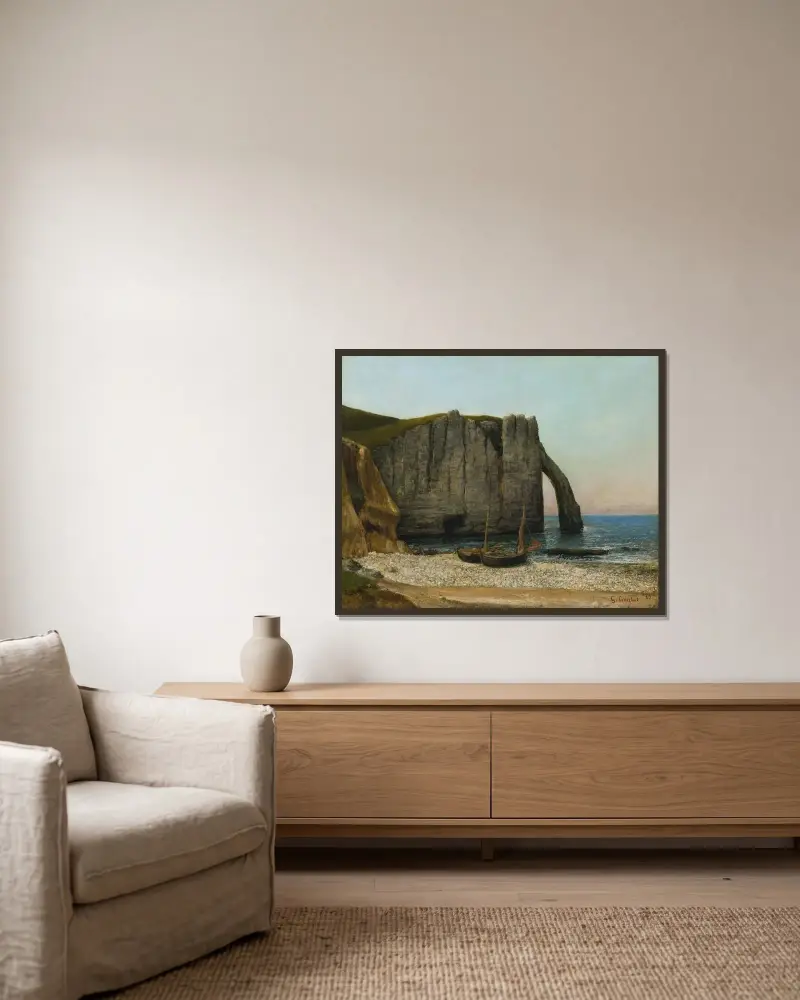 Falaises d’Étretat av Gustave Courbet inramad på en vägg
