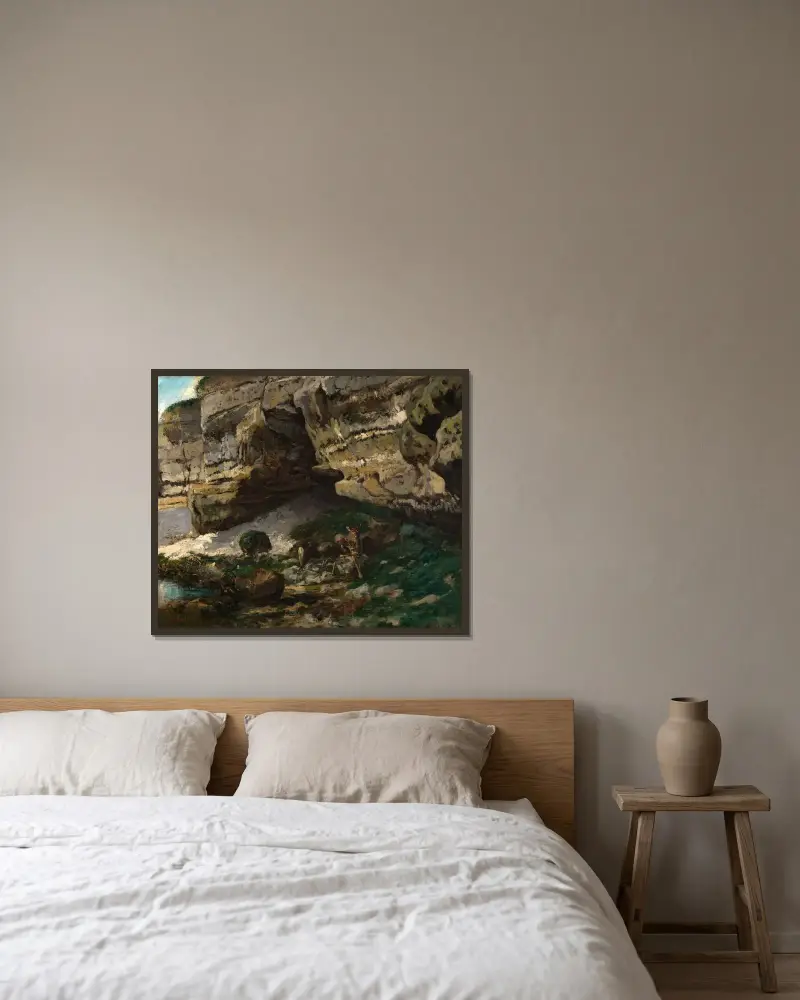 Kuperat landskap med rådjur av Gustave Courbet inramad på en vägg
