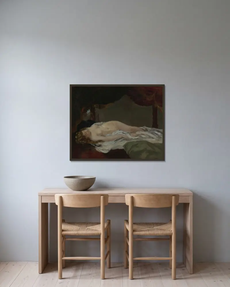 Femme Endormie av Gustave Courbet inramad på en vägg
