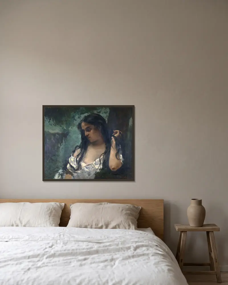 Zigeunerin in Betrachtung von Gustave Courbet gerahmt an einer Wand