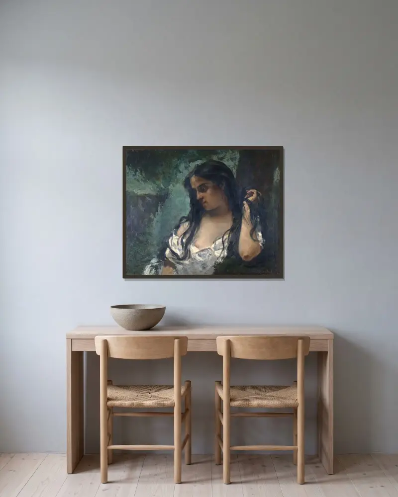 Zigeunerin in Betrachtung von Gustave Courbet gerahmt an einer Wand