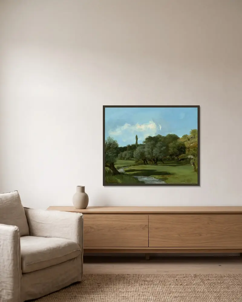 La Bretonnerie i departementet Indre av Gustave Courbet inramad på en vägg