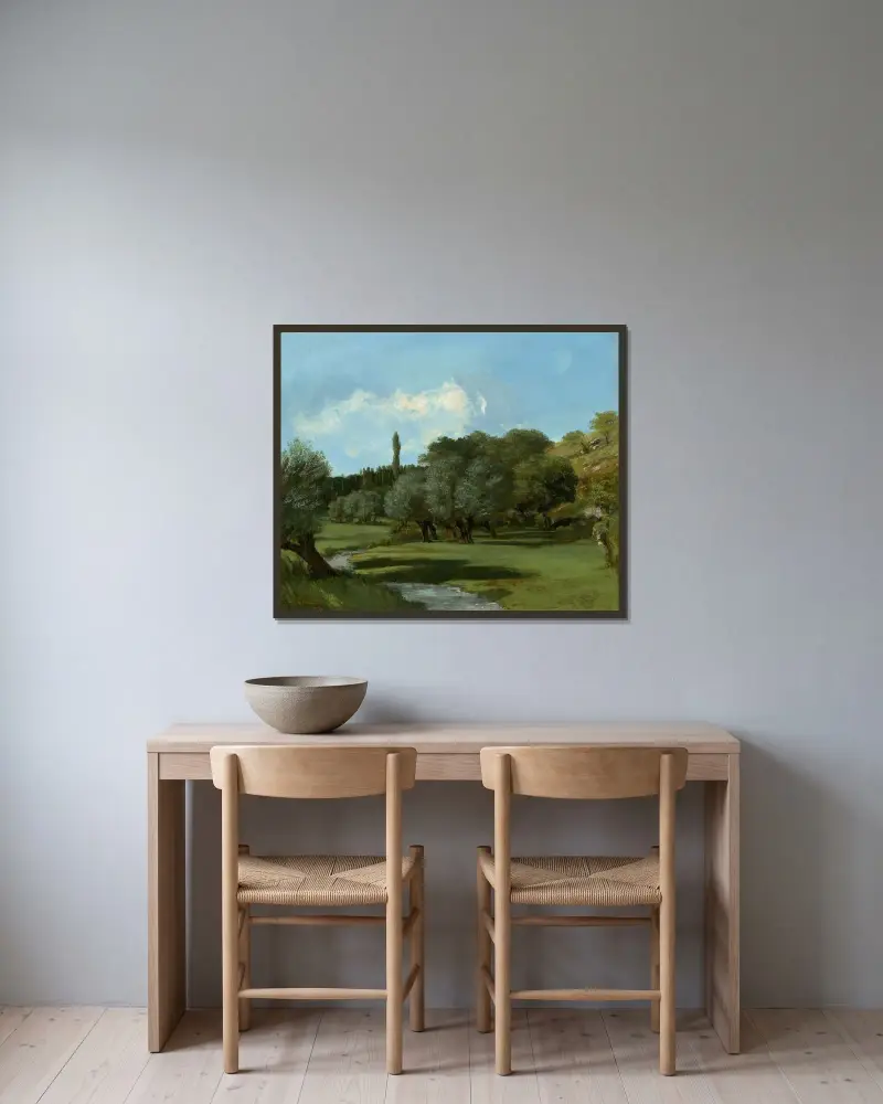 La Bretonnerie i departementet Indre av Gustave Courbet inramad på en vägg