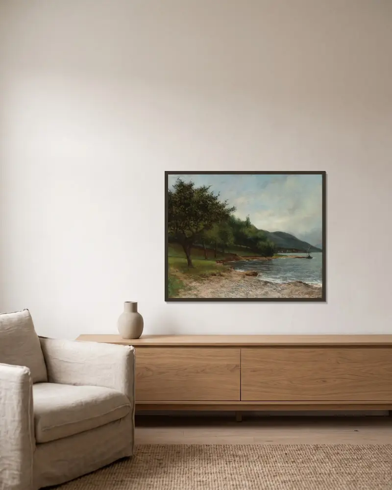 La Rive Du Lac Léman av Gustave Courbet inramad på en vägg
