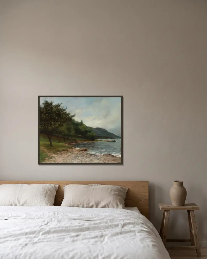 La Rive Du Lac Léman av Gustave Courbet inramad på en vägg