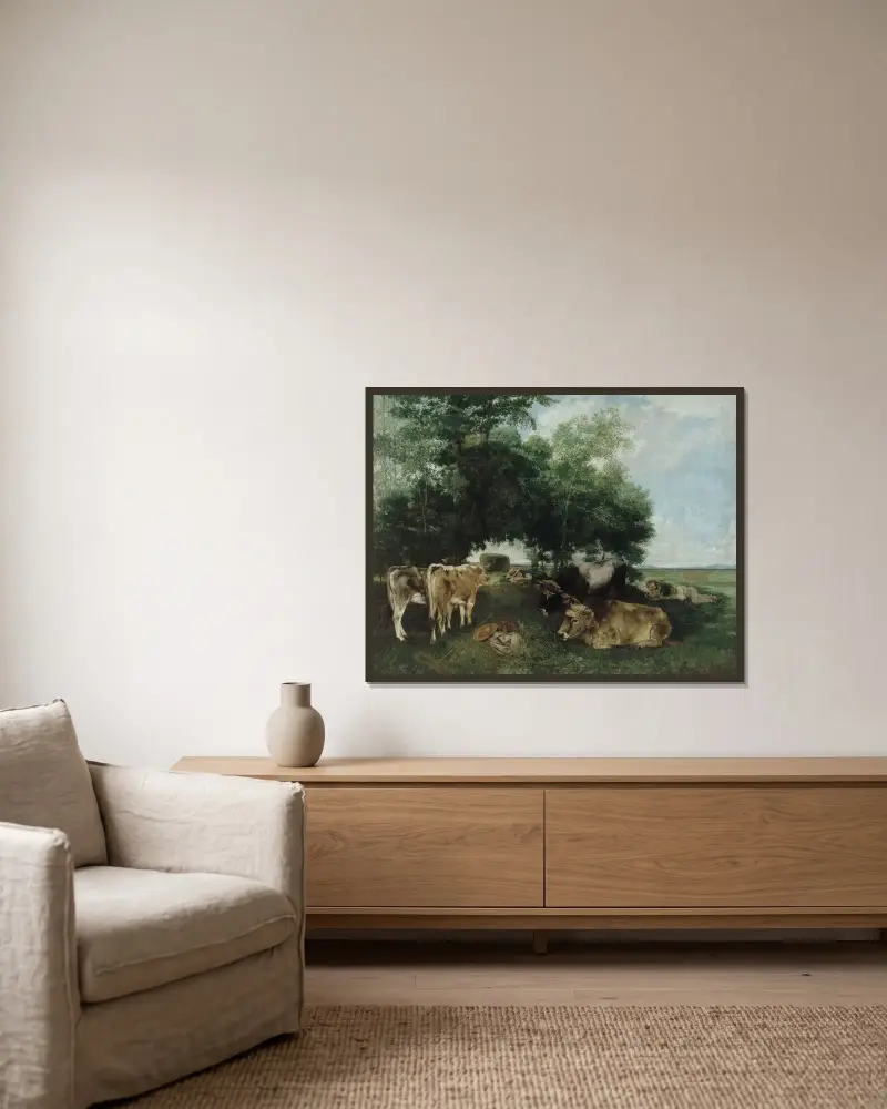 La Sieste Pendant La Saison Des Foins av Gustave Courbet inramad på en vägg