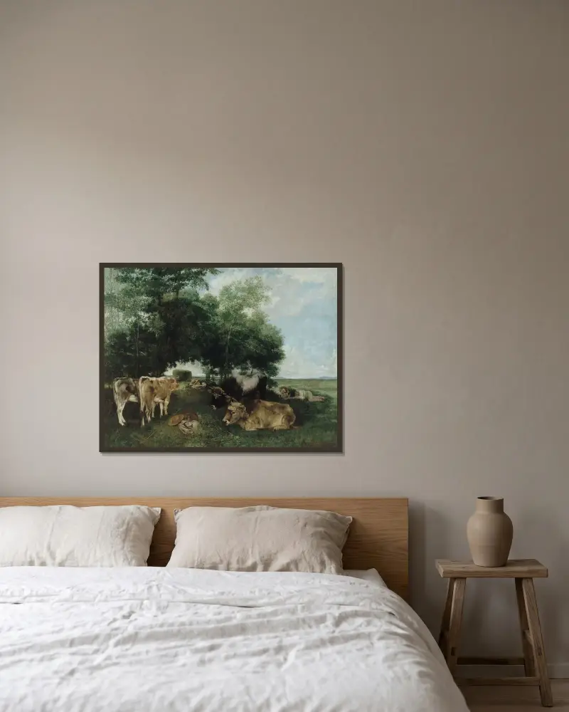 La Sieste Pendant La Saison Des Foins av Gustave Courbet inramad på en vägg