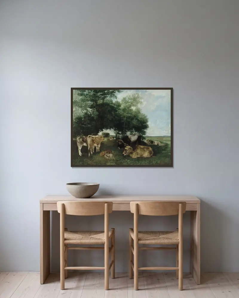 La Sieste Pendant La Saison Des Foins av Gustave Courbet inramad på en vägg