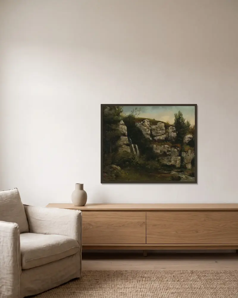 Landscape with Rocky Cliffs and a Waterfall av Gustave Courbet inramad på en vägg
