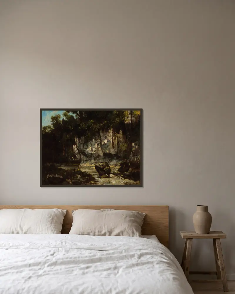 Landschaft mit Hirsch von Gustave Courbet gerahmt an einer Wand