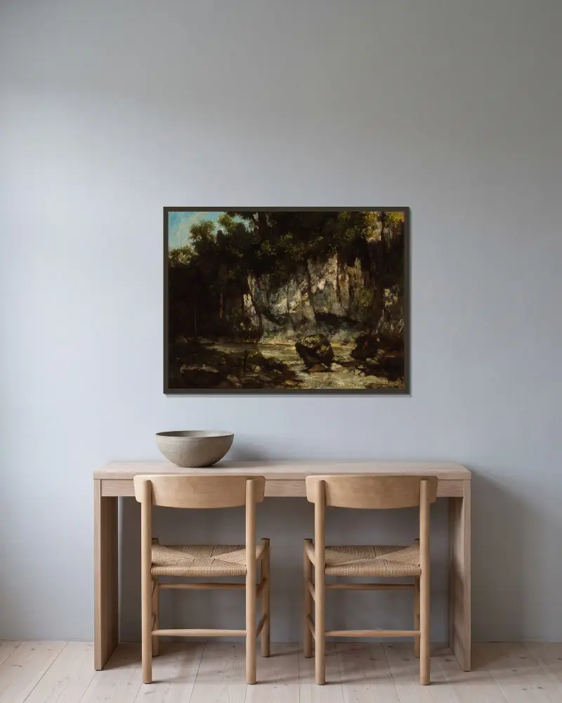 Landschaft mit Hirsch von Gustave Courbet gerahmt an einer Wand