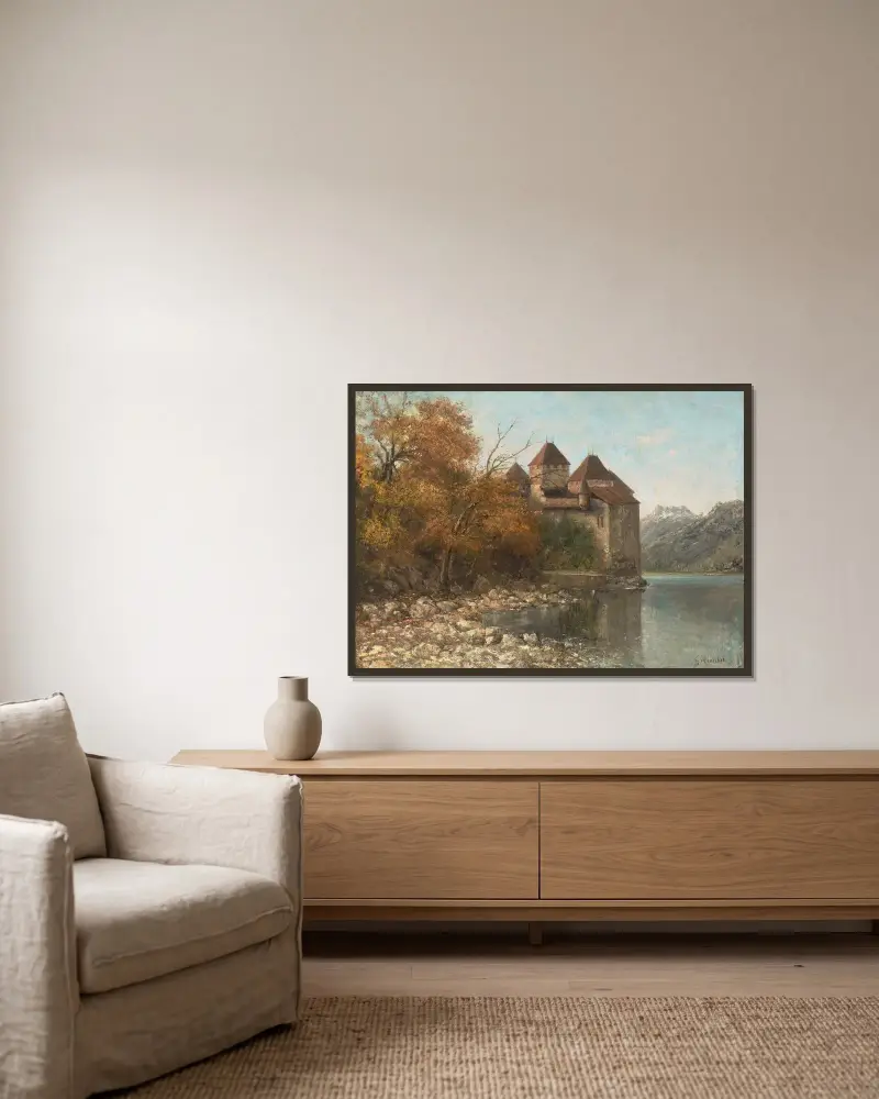 Le Château de Chillon, Lake Geneva – nr 1 av Gustave Courbet inramad på en vägg