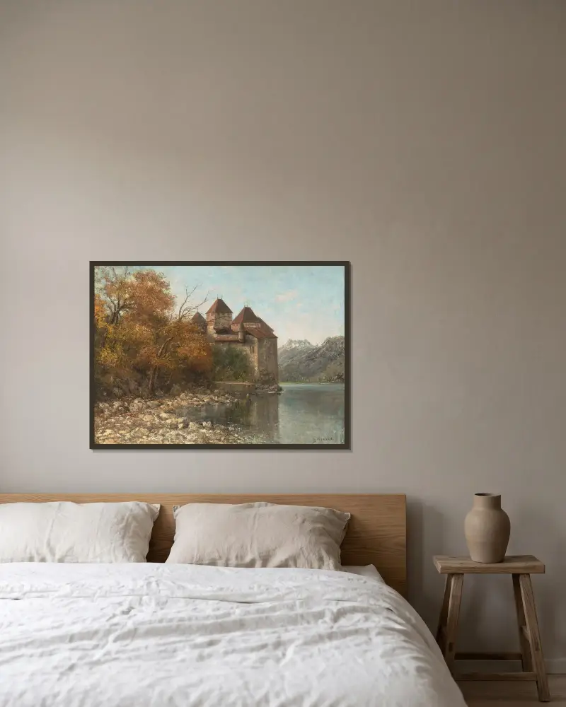Le Château de Chillon, Lake Geneva – nr 1 av Gustave Courbet inramad på en vägg