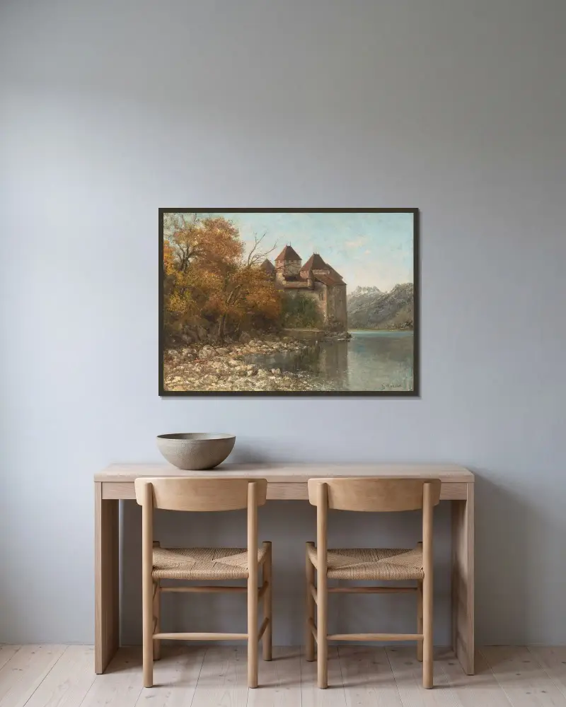 Le Château de Chillon, Lake Geneva – nr 1 av Gustave Courbet inramad på en vägg