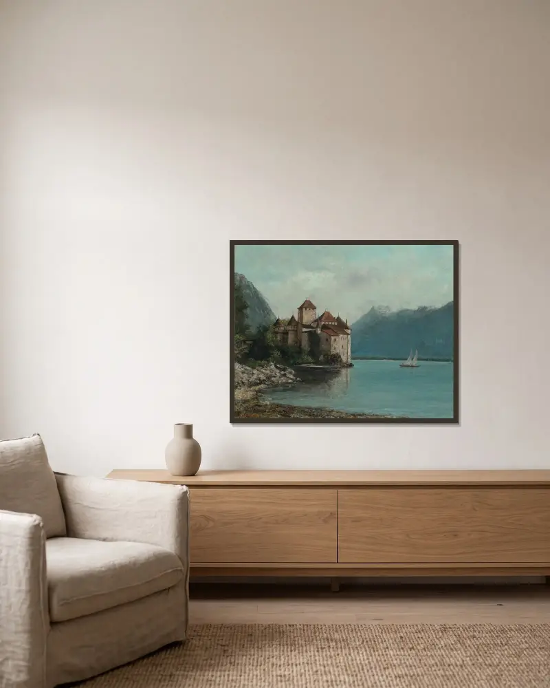 Le Château de Chillon, Lake Geneva, 1876 av Gustave Courbet inramad på en vägg