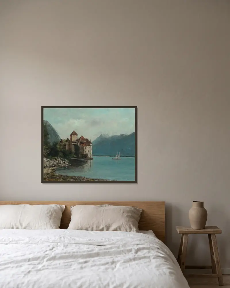 Le Château de Chillon, Lake Geneva, 1876 av Gustave Courbet inramad på en vägg