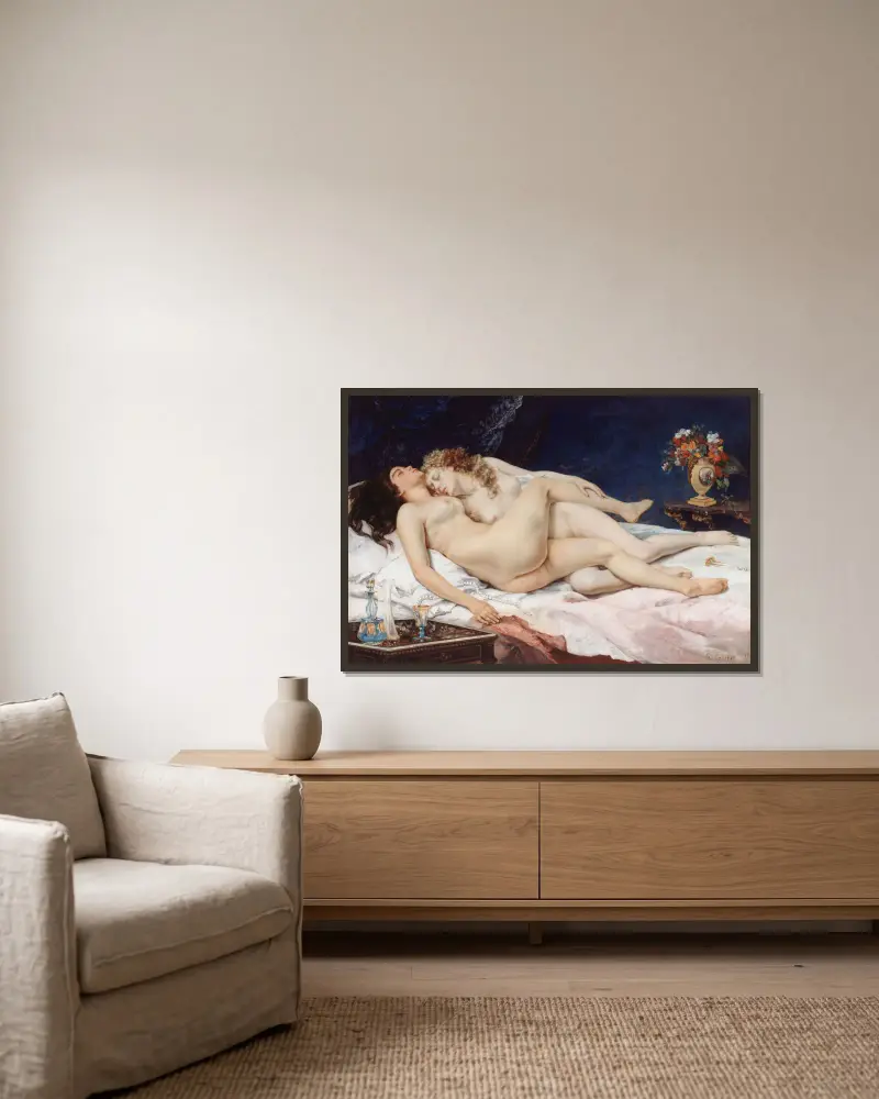 Der Schlaf von Gustave Courbet gerahmt an einer Wand