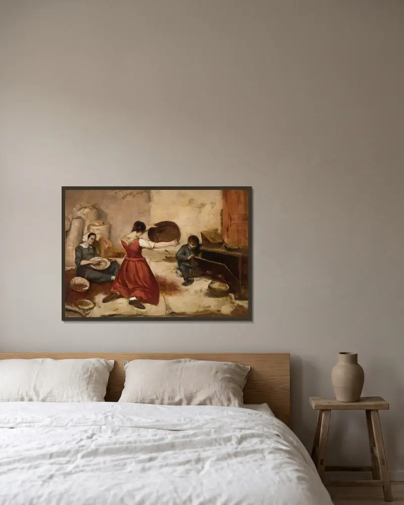 Les cribleuses de blé, esquisse av Gustave Courbet inramad på en vägg