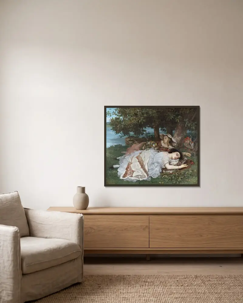 Les demoiselles des bords de la Seine (été) av Gustave Courbet inramad på en vägg
