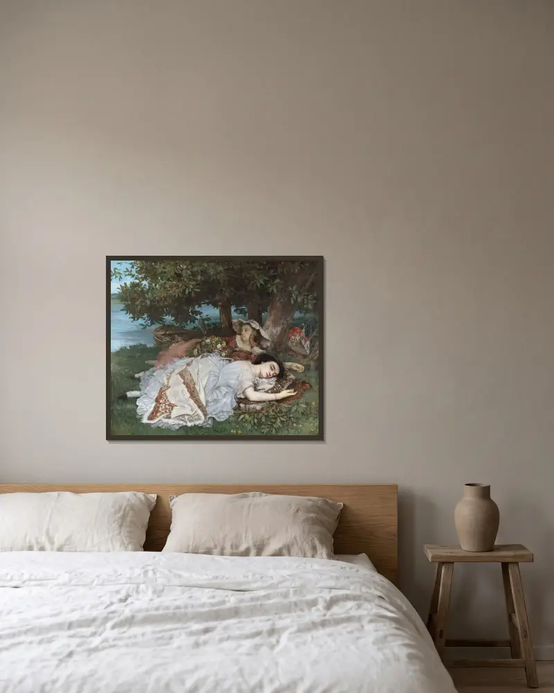 Les demoiselles des bords de la Seine (été) av Gustave Courbet inramad på en vägg