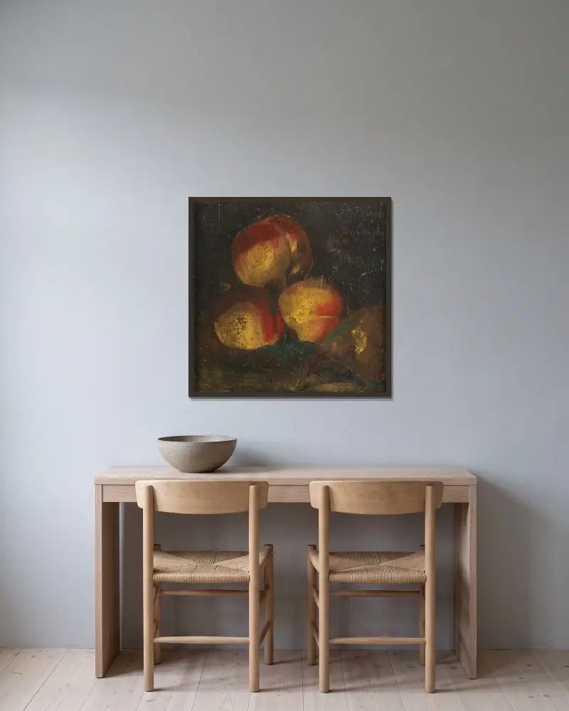 Nature Morte Aux Trois Peches Et A La Poire av Gustave Courbet inramad på en vägg