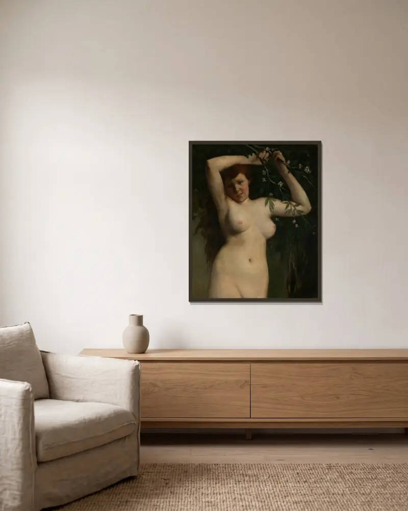 Nude with Flowering Branch av Gustave Courbet inramad på en vägg
