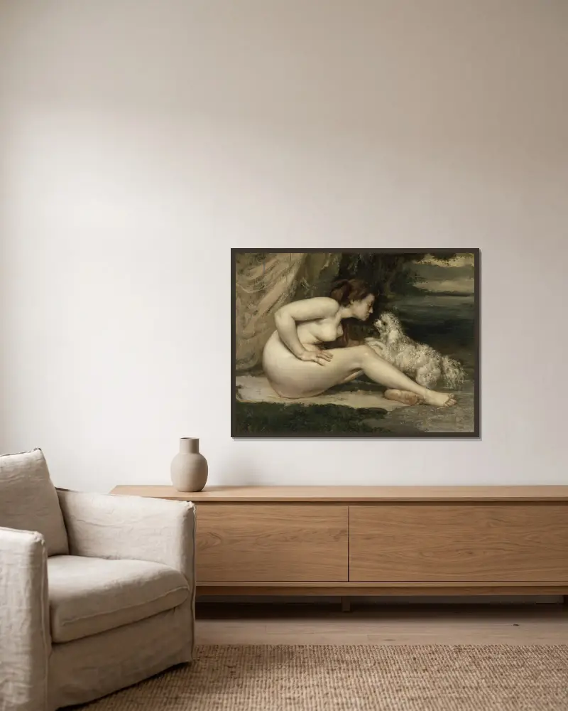 Naken kvinna med hund av Gustave Courbet inramad på en vägg