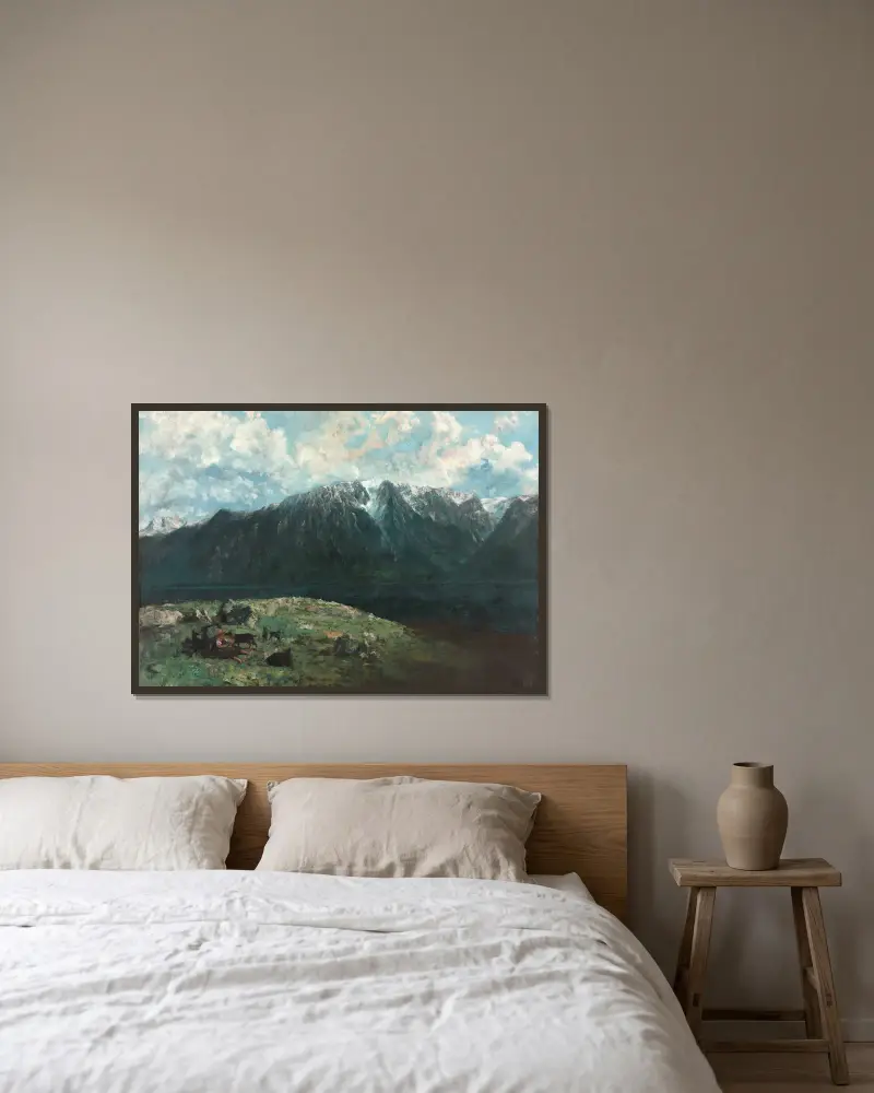 Panoramic View of the Alps, Les Dents du Midi av Gustave Courbet inramad på en vägg