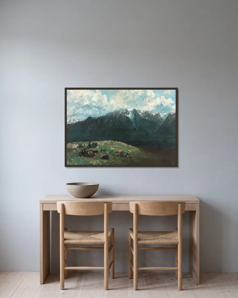Panoramic View of the Alps, Les Dents du Midi av Gustave Courbet inramad på en vägg