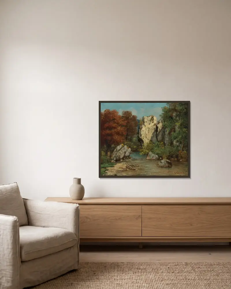 Paysage Au Ruisseau Et Au Rocher av Gustave Courbet inramad på en vägg