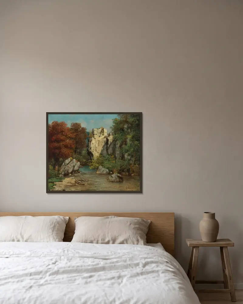 Paysage Au Ruisseau Et Au Rocher av Gustave Courbet inramad på en vägg