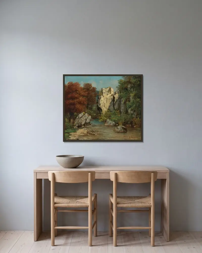 Paysage Au Ruisseau Et Au Rocher av Gustave Courbet inramad på en vägg