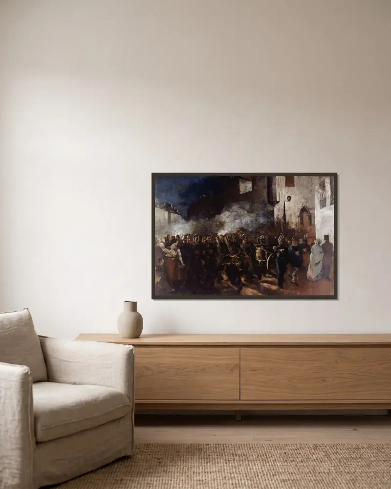 Pompiers courant à un incendie av Gustave Courbet inramad på en vägg