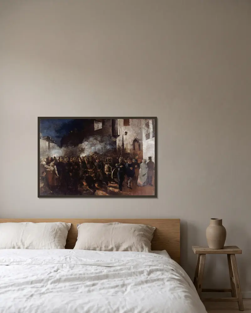 Pompiers courant à un incendie av Gustave Courbet inramad på en vägg