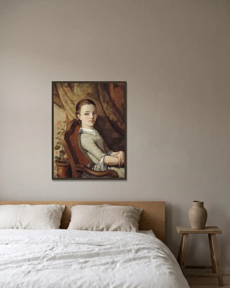 Portrait de Juliette Courbet av Gustave Courbet inramad på en vägg