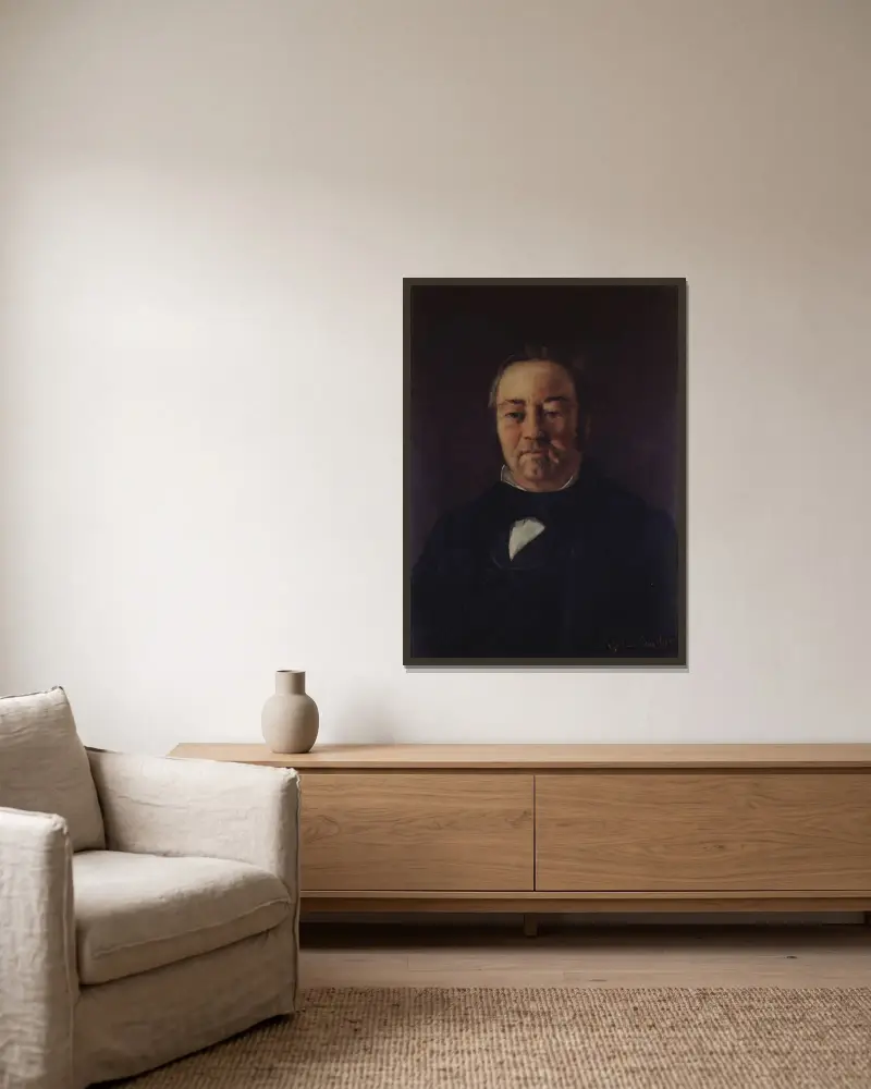 Portrait de Monsieur Corbinaud av Gustave Courbet inramad på en vägg