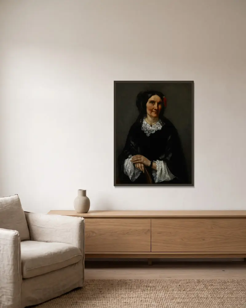 Portrait of Anika Psalmon, Mrs. Robin av Gustave Courbet inramad på en vägg