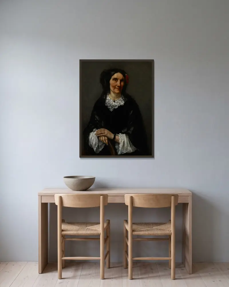 Portrait of Anika Psalmon, Mrs. Robin av Gustave Courbet inramad på en vägg