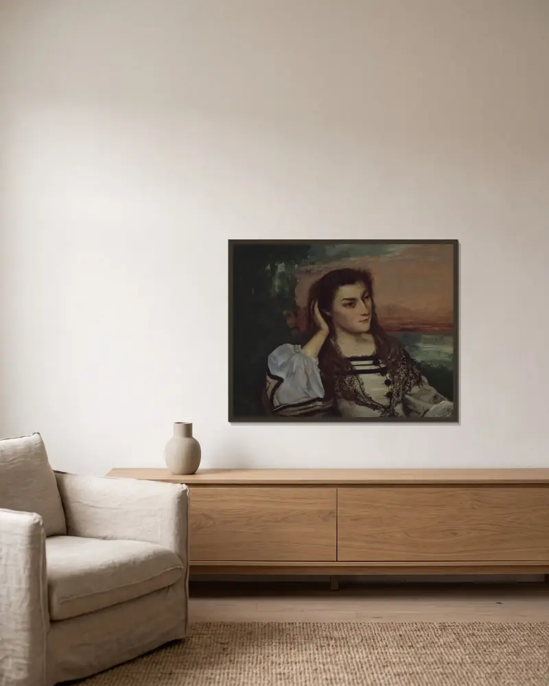 Träumerei (Porträt der Gabrielle Borreau) von Gustave Courbet gerahmt an einer Wand