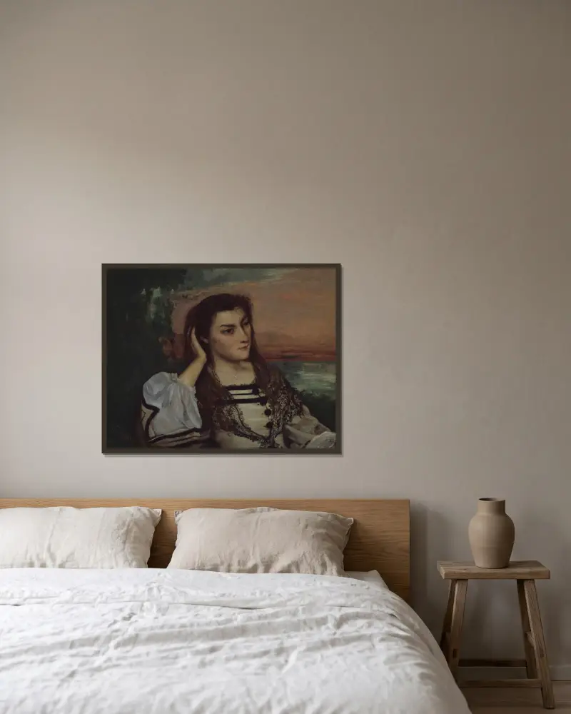 Träumerei (Porträt der Gabrielle Borreau) von Gustave Courbet gerahmt an einer Wand