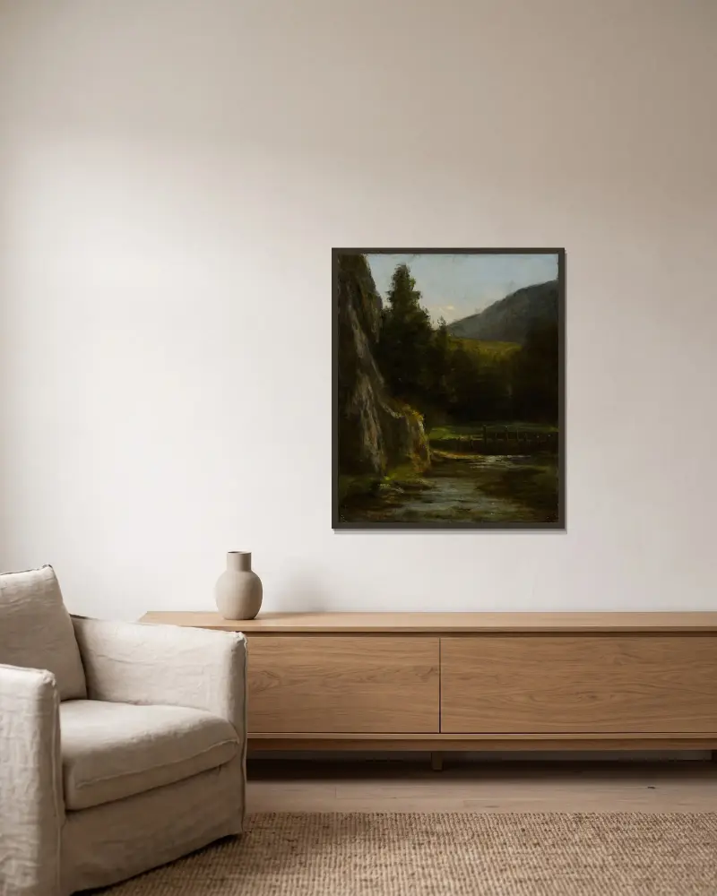Felsen, Tannen, Bach von Gustave Courbet gerahmt an einer Wand