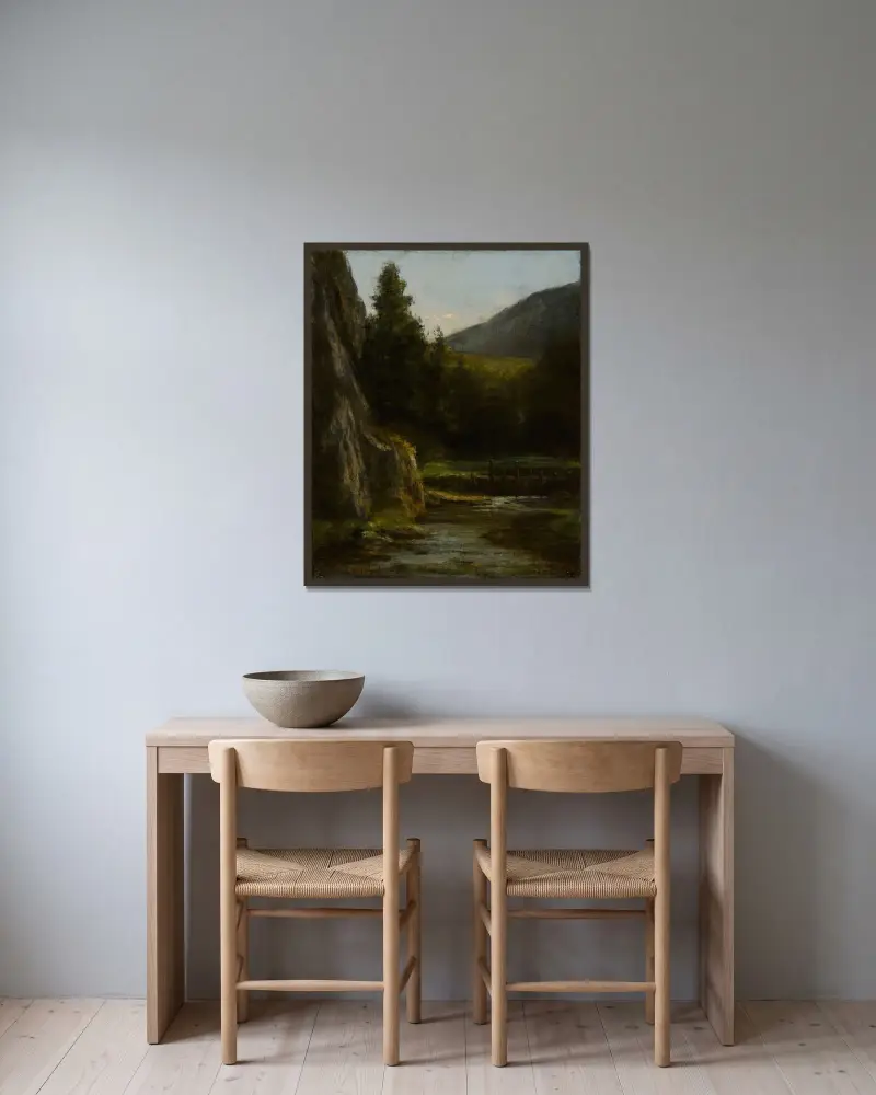 Felsen, Tannen, Bach von Gustave Courbet gerahmt an einer Wand