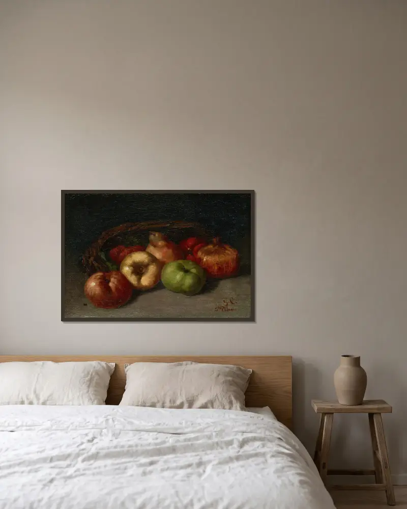 Still Life with Apples, Pear, and Pomegranates av Gustave Courbet inramad på en vägg