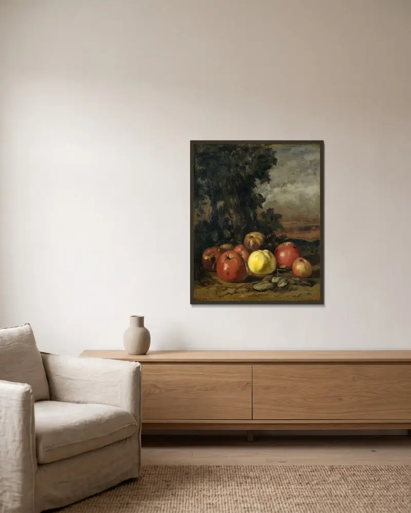 Still Life with Apples av Gustave Courbet inramad på en vägg
