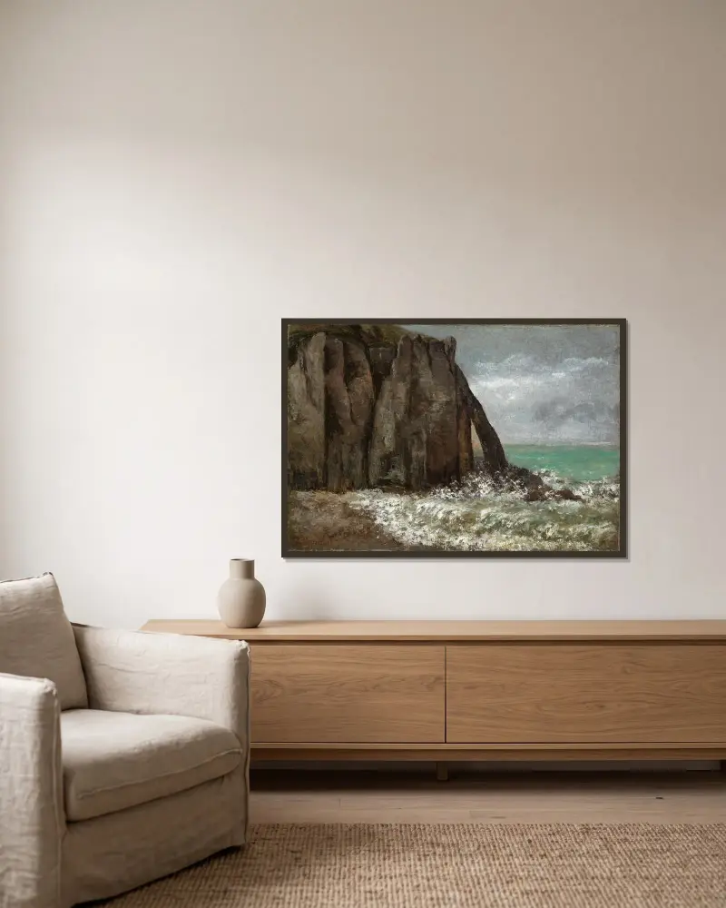 Strand von Etretat av Gustave Courbet inramad på en vägg