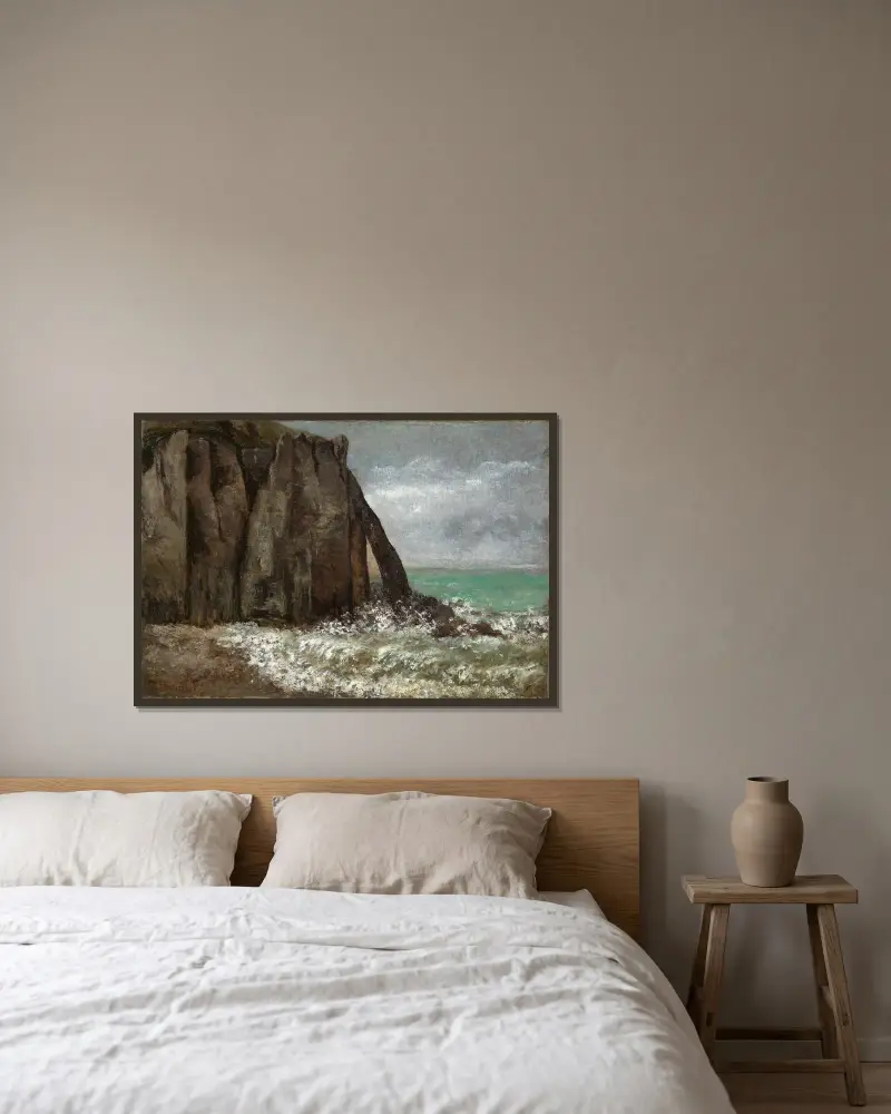 Strand von Etretat av Gustave Courbet inramad på en vägg