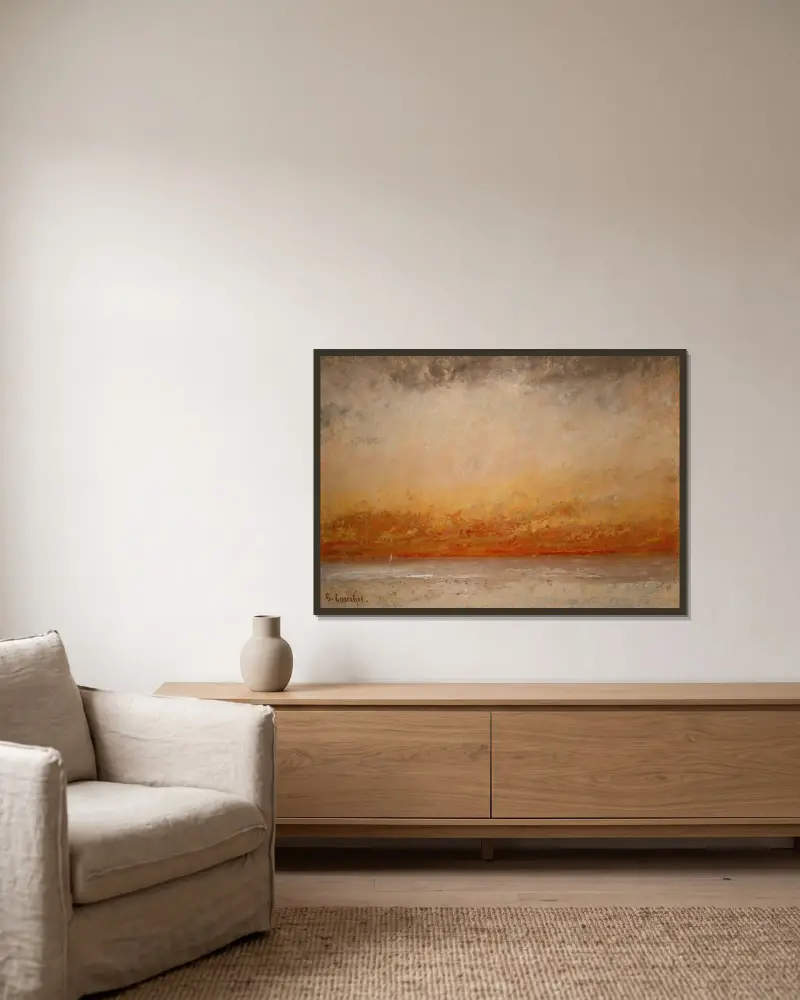 Meereslandschaft bei Sonnenuntergang von Gustave Courbet gerahmt an einer Wand