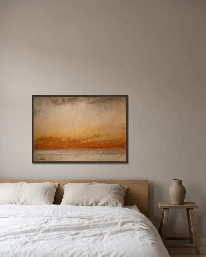 Meereslandschaft bei Sonnenuntergang von Gustave Courbet gerahmt an einer Wand